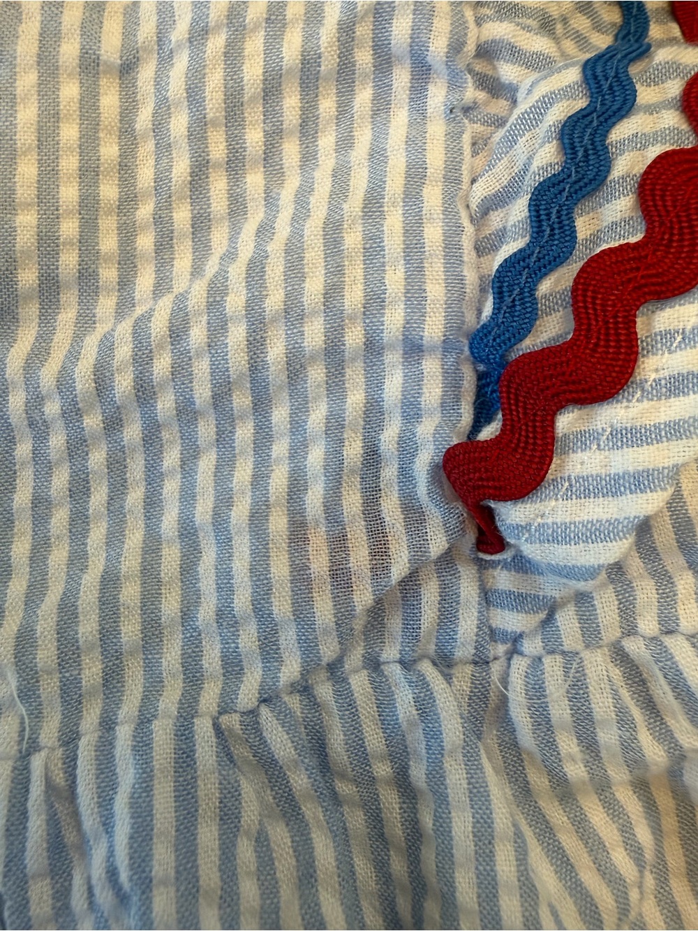 Magnetic Me Patriotic Striped Blue Seersucker Baby Romper with Red & Blue Trim - Picture 4 of 6